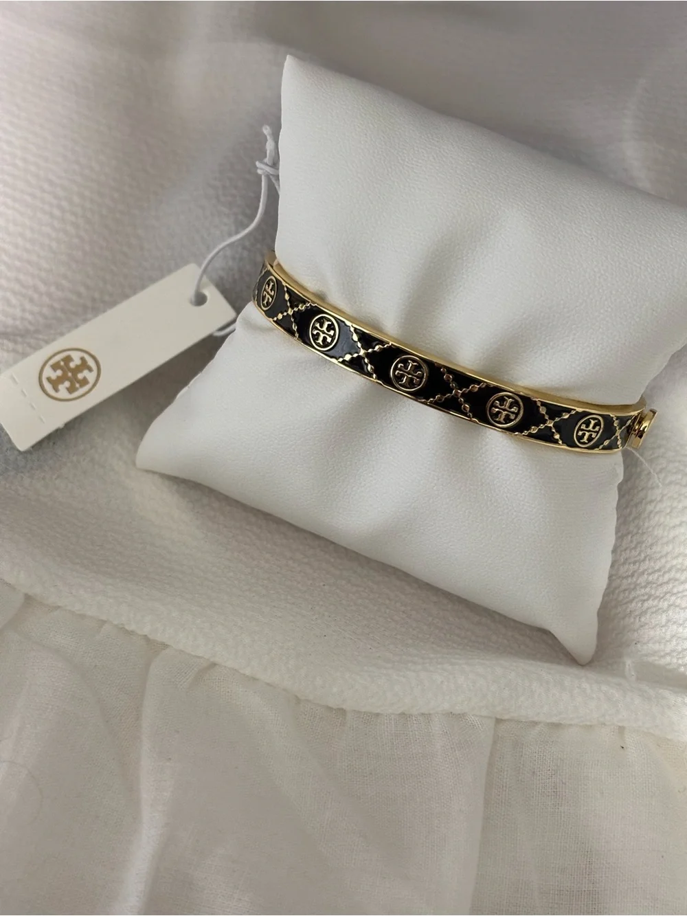Tory Burch Gold and Black Enamel Logo Slim Hinged Bracelet
